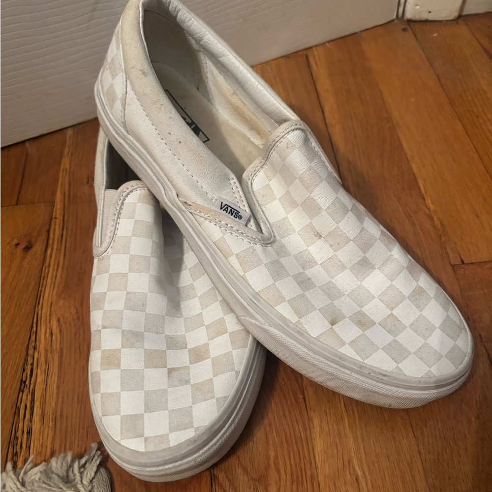 Vans Men's White and Gray Checkered Slip-On Sneakers